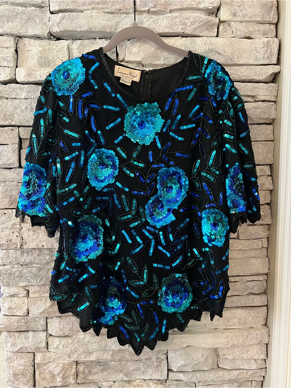 Vintage Laurence Kazar Silk Black Beaded Floral Sequin Top Womens Plus 1X